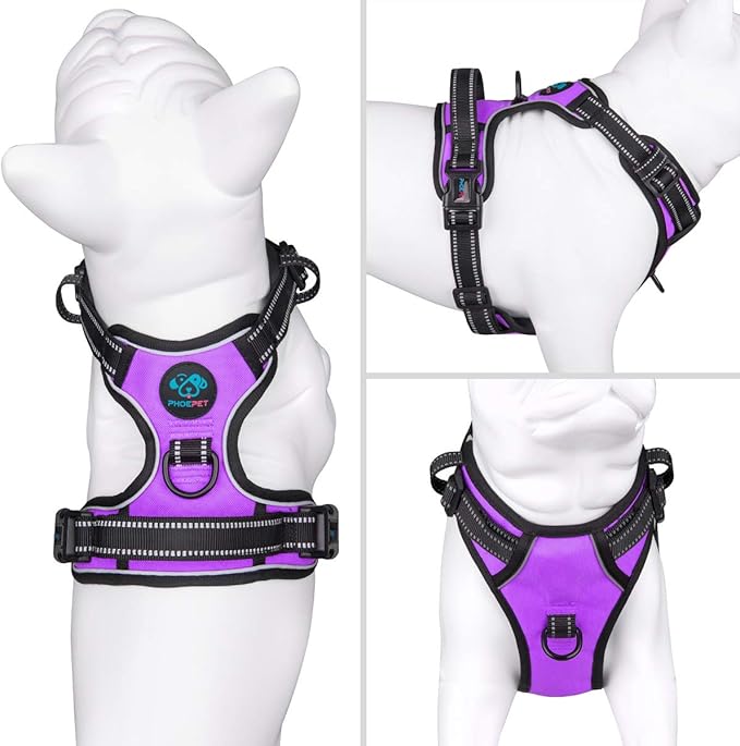PHOEPET Reflective Dog Harness No Pull Large Breed Vest with 2 Metal Leash Attachment Hooks(L, Purple)-Mewly Pet
