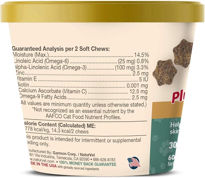 NaturVet – Skin & Coat Plus Omegas for Cats – 60 Soft Chews | Supports Healthy Skin & Glossy Coat | Enhanced with Omega-3, Omega-6 & Biotin | 30 Day Supply-Mewly Pet