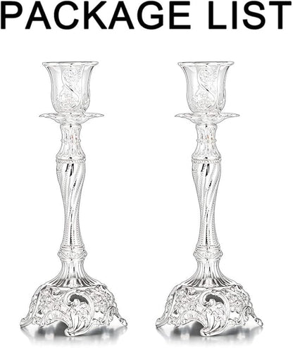Sziqiqi Silver Plated Candlestick Holders Set of 2 Taper Candle Holders Deluxe Ornate Candle Holders for Shabbat Taper Candles, Candle Centerpiece, Wedding Candles, Christmas Candle, 7.4inch
