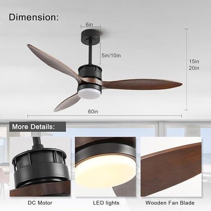 BOJUE Ceiling Fans with Lights, 60 Inch Black Ceiling Fan with Remote Control, 3 Wood Fan Walnut Blades, Modern Fan Lights for Farmhouse Living Room/Bedroom/Study