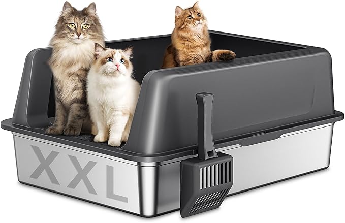 Zarler XXL Stainless Steel Litter Box for Cats, Extra Large Metal Cat Litter Box with Lid, High Sided Non-Stick Design, Leak Proof and Rust Resistant, 28 x 20 x 13 Inches, Grey-Mewly Pet