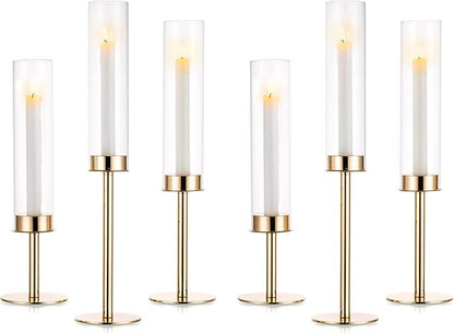 Nuptio Glass Hurricane Candle Holder: Set of 6 Gold Candlestick Holders - Long Stem Taper Candleholders for Christmas Tabletop Centerpiece Fireplace Decor Cylinder Candle Stand Windproof 14" 16" 18"