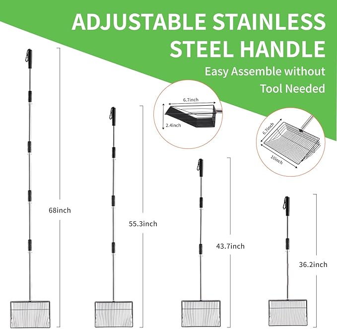 Large Chicken Poop Scooper, Metal Coop Scoop with 32" to 67" Adjustable Long Stainless Steel Handle, Chicken Poop Scooper for Sand with Heavy Duty Sifting Shovel for Chicken/ Horse/ Pet Coops (10 IN)-Mewly Pet