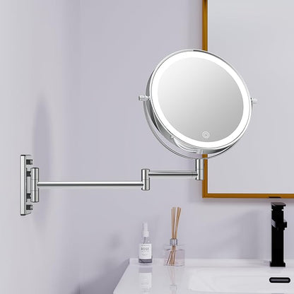 1X/20X Wall Mounted Makeup Mirror with Lights, 8" Double Sided Bathroom Magnifying Mirror with 360° Extension Arm, Dimmable, Rechargeable, Touch Control, Chrome
