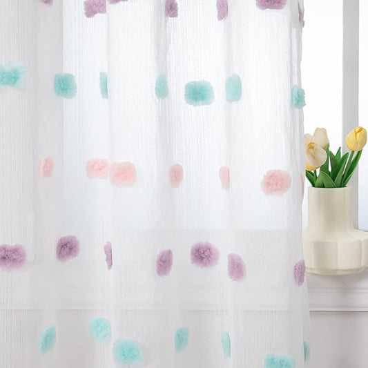 MYSKY HOME Pom Pom Sheer Curtains for Bedroom 72 Inch Length Long Rainbow Curtains for Dining Room Window Nursery Curtains Girls Kids Room 2 Pieces Rod Pocket Boho Farmhouse 52" x 72"