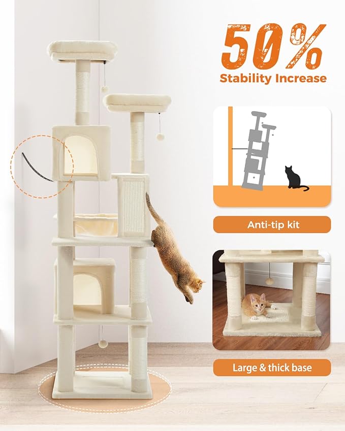 PAWZ Road 70 Inch Cat Tower, Tall Cat Tree with 2 Cozy Condos, 2 Plush Perch, Large Basket, 2 Scraching Pad & 6 Scraching Posts for Indoor Cats Large Adult, Beige-Mewly Pet