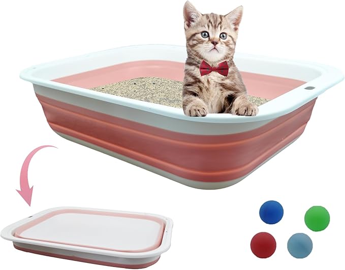 Foldable Cat Litter Box Open Potty Pan Portable Collapsible Cats Litter Boxs Travel Kitten Pan with Scoop Waterproof Low Entrance for Kitten and Easy Clean 17.7"×13.4"x4.9"(Pink)-Mewly Pet