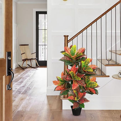 Briful 3.4ft Artificial Croton Tree Fall Decor, Faux Croton Tree with Colorful Variegated Leaves and Pot, Indoor & Outdoor Floor Plant, Home Farmhouse Decor
