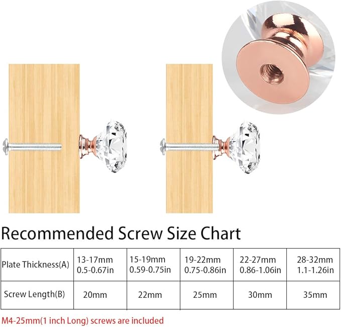 Tomorotec Set of 12 Rose Gold Base Crystal Clear Glass Drawer Pulls - 30mm Pink Diamond-Shaped Cupboard Knobs with Screws for Kitchen, Dresser, Bathroom and Wardrobe Cabinets