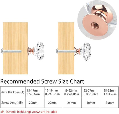 Tomorotec Set of 12 Rose Gold Base Crystal Clear Glass Drawer Pulls - 30mm Pink Diamond-Shaped Cupboard Knobs with Screws for Kitchen, Dresser, Bathroom and Wardrobe Cabinets