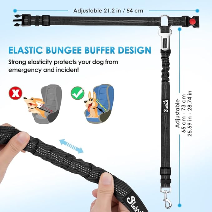 SlowTon Dog Seat Belt for Car, 2 Pack Dog Car Harness Seatbelt Adjustable with Elastic Bungee Buffer, 2 in 1 Pet Car Leash Headrest Restraint Dog Reflective Safety Tether (Black, Headrest+Clip)-Mewly Pet