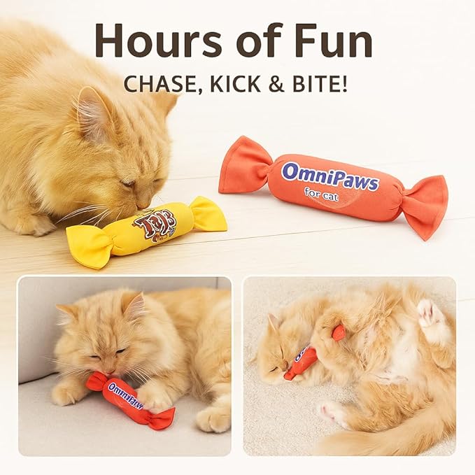 Catnip Candy Toys for Indoor Cats – 3-Pack Crinkle Cat Toys with Catnip Pouches, Durable Canvas & Soft Filling, Cat Chew Toys for Kittens & Adults (Yellow)-Mewly Pet