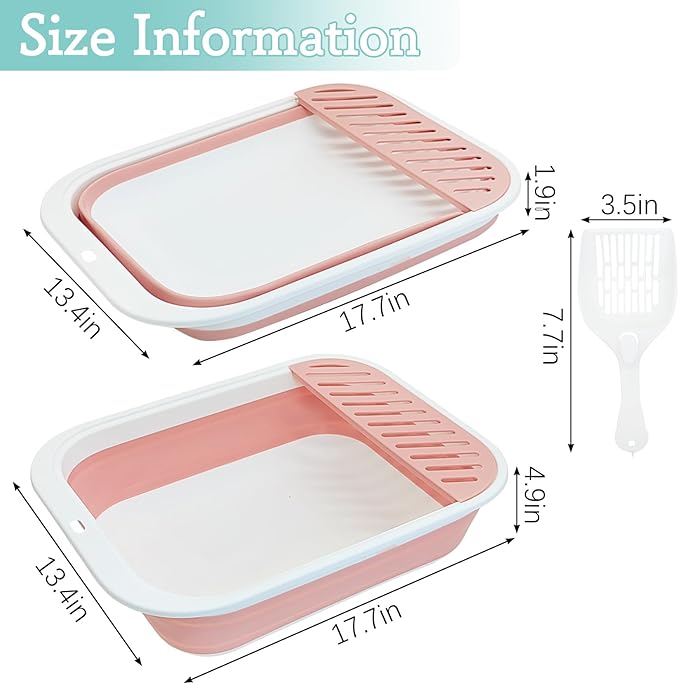 Fhiny Cat Litter Box Portable Shallow Litter Box 17.7"x13.4"x4.9" Foldable Cat Toilet with Scoop Open Kitty Potty Pan with Litter Drop Pedal Easy to Clean Travel Kitten Toilet(Pink)-Mewly Pet
