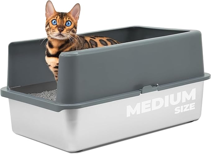 iPrimio - Stainless Steel Enclosed Litter Box for Cats - Easy to Clean - Includes High-Sided Litter Box, Scooper for Extra Scatter Protection - Medium Size for Big Cats - 20 x 14.2 x 6 in-Mewly Pet