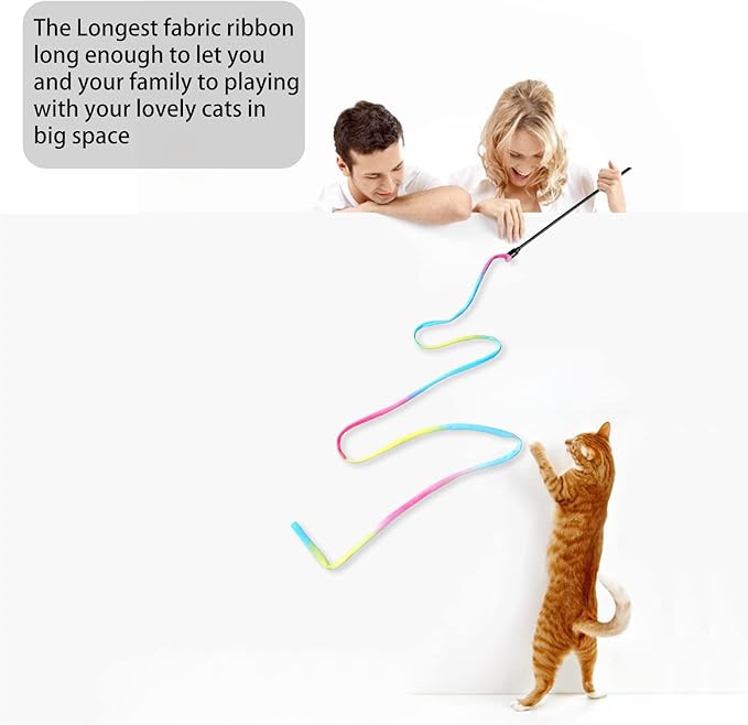 Cat Wand Toys Interactive Kitten Toys for Indoor Cats Colorful Teaser Wand String for Exercise Kitten Stick Kitty Rope Toy Rainbow Ribbon Cat Charmer -2Pcs-Mewly Pet
