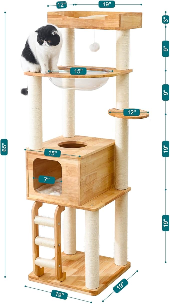 65-inch Tall Cat Tree，Cat Tower for Indoor Cats with Feel-Safe Enclosed Cat Cave、Scratching Post、Space Capsule Nest and Cat Ladder-Mewly Pet