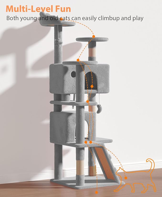 60'' Cat tree Tower for Indoor Cats Large Adult,Cute/Tall Modern Cat Tree for Big Cats 20 lbs,Plush Multi-Level Cat Condo with Scratching Posts,Dangling Ball for fun play(Light Gray, 60 inch)-Mewly Pet