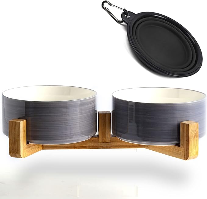 Petygooing Ceramic Cat Dog Bowl Set with Wood Stand, 13.5OZ/5.1 in, Grey White-Mewly Pet