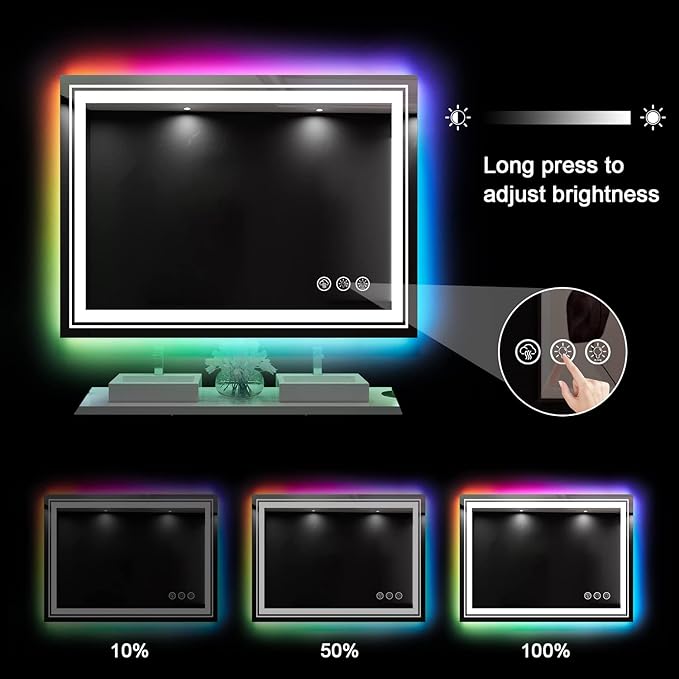 LED Mirror for Bathroom, 40"x24" Mirror with 8 RGB Backlit+3 Front Lit (Adjustable Individually), Defog, Shatterproof, Memory, Tempered Glass