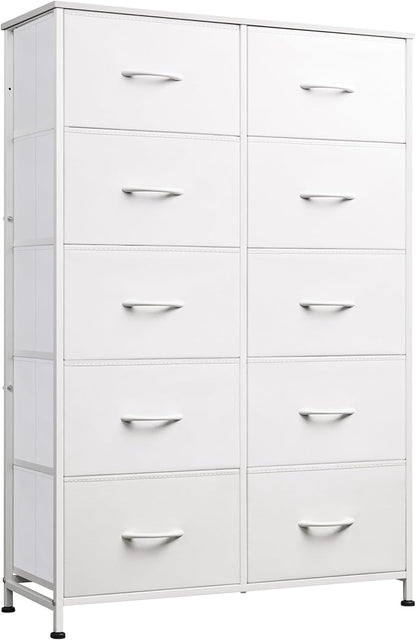 WLIVE Fabric Dresser for Bedroom with 10 Drawers, Tall Chest of Drawers, White Dressers Bedroom Furniture, Storage Organizer Unit with Bins for Closet, Hallway, Living Room, Entryway