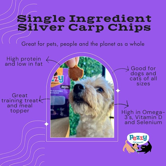 Silver Carp Chips Dog & Cat Treats | Single Ingredient | Wild Caught | Made w/Invasive Fish | Grain Free | High Protein + Low Fat | Hypoallergenic | Compostable Packaging | Made in The USA-Mewly Pet