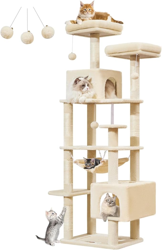 Taoqimiao Cat Tree, 68-Inch Cat Tree Cat Tower for Indoor Cats, Plush Multi-Level Cat Condo with 6 Scratching Posts, 2 Perches, 2 Caves,Hammock, 3 Pompoms,MS020SM Beige-Mewly Pet
