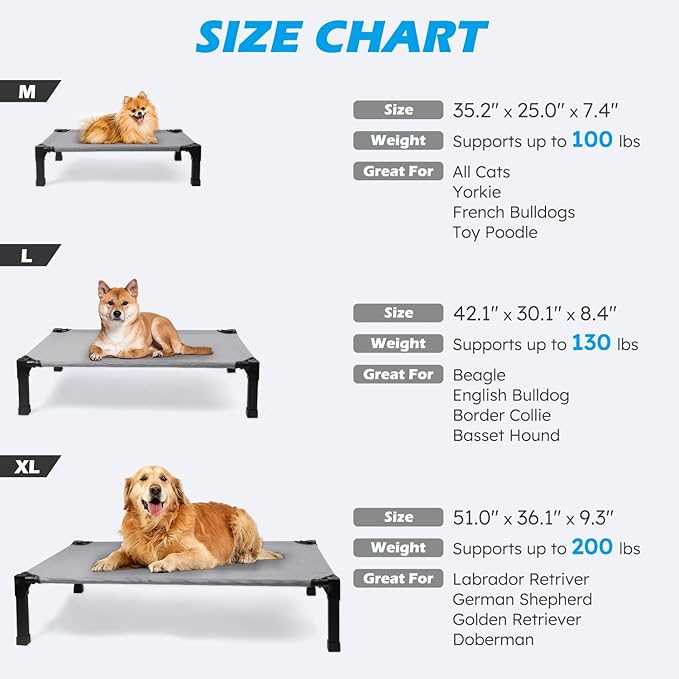 Heeyoo Elevated Dog Bed, Cooling Raised Pet Cot with Chew Proof Washable Breathable Mesh and Metal Frame, Portable Dog Cot Bed with No-Slip Feet for Outdoor or Indoor Use-Mewly Pet