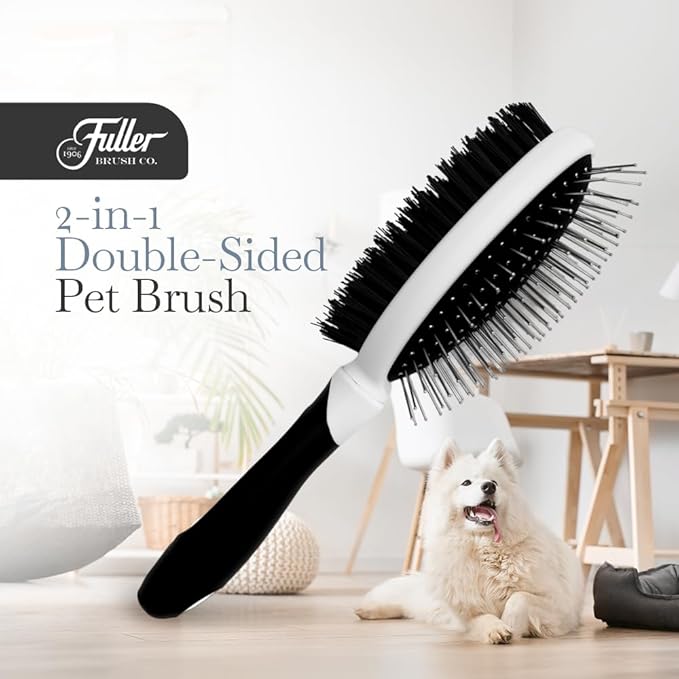 Fuller Brush 2-in-1 Double-Sided Pet Brush - Electroplated Round-Ended Steel Pins Positioned Into a Flexible Cushion on One Side & Nylon Bristles - Remove Shedding - Tool For Grooming Dogs & Cats-Mewly Pet