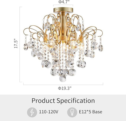 WUZUPS Crystal Chandelier Flushmount Ceiling Light Modern Lighting Fixture for Bedroom Hallway Bar Kitchen Bathroom, H 17.5'' x W 19.3'', E12 Base, Gold