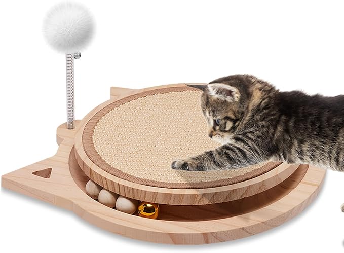 Natural Sisal Cat Scratcher, Round Cat Toys for Indoor Cats Interactive Toys with Ball Track Spring Ball, Kitten Toys for Chasing Hunting Mental Physical Exercise Puzzle-Mewly Pet