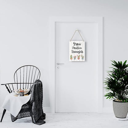 Rustic Grow Positive Thoughts Wood Hanging Sign, Farmhouse Summer Artwork Decor, Cactus and Succulent Wooden Plaque Sign Wall Art Decor Signs Home Decoration 8 x 10 Inches