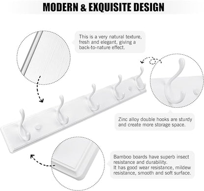 Wooden Coat Rack, Wall-Mounted Organizer for Closet, Entryway, Hallway, Foyer, Bedroom, Heavy Duty Double Hooks for Hanging Towels, Bags, Hats, Jackets, Key (White, 5 Hooks)