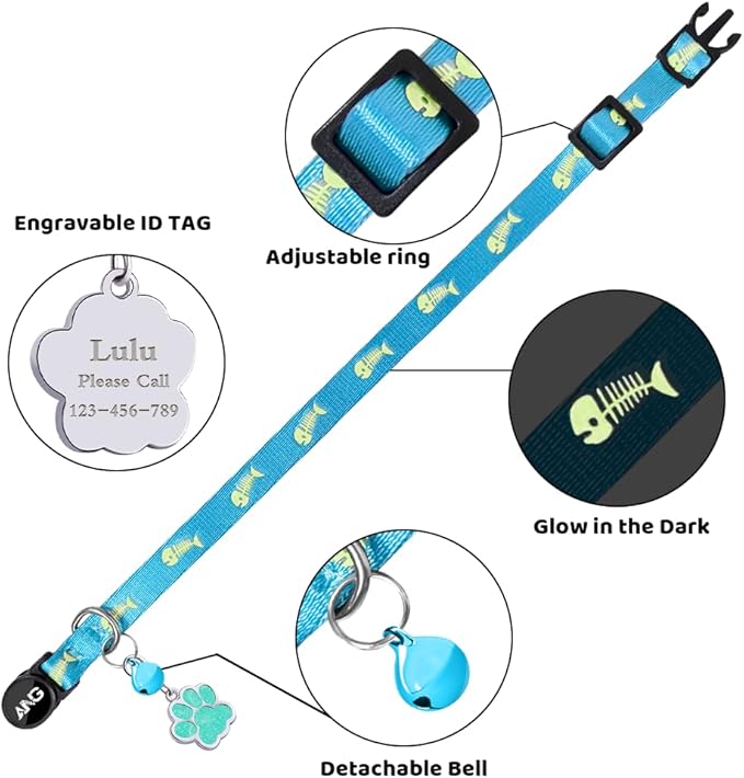 Personalized Breakaway Cat Collars Glow-in-The-Dark with ID Tag, Bell - Safety Quick - Release, Customizable for Female Male Kittens & Cats (Blue)-Mewly Pet