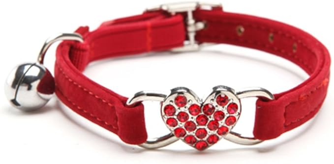 CHUKCHI Pink Soft Velvet Safe Cat Adjustable Collar with Crystal Heart Charm and Bells 8-11 Inches (Red)-Mewly Pet