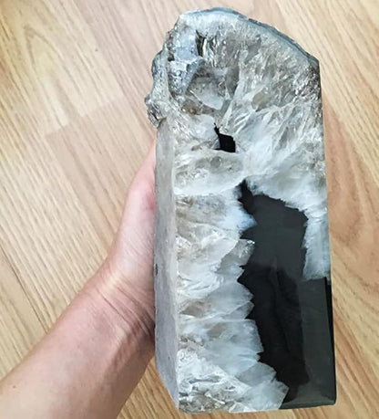 AMOYSTONE Geode Bookends Heavy Duty AgateStone Bookend Decorative Large Crystal Quartz Book Natural Black with Rubber Bumpers(1 Pair, 6-8 LBS)