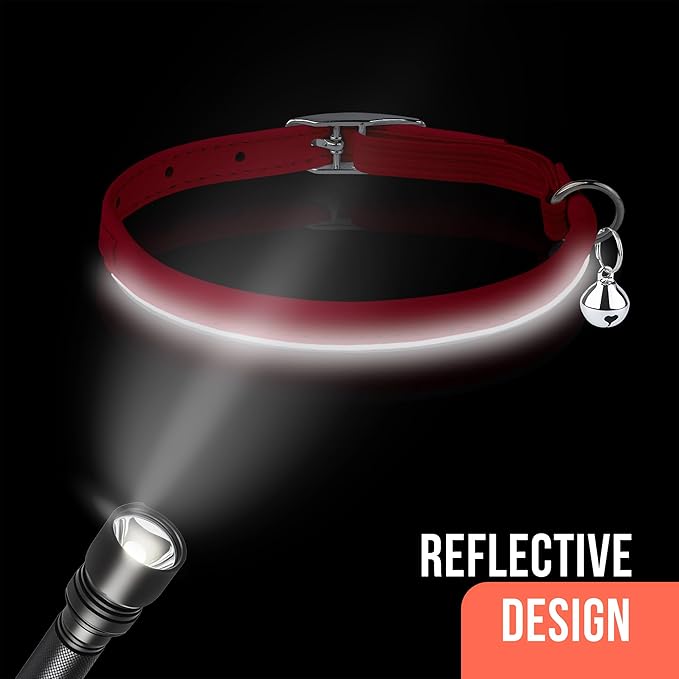 OOPSDOGGY Rolled Leather Cat Collar with Bell, Reflective Kitten Collars with Buckle Include Safety Elastic Strap - Adjustable Small Pet Collars for Boy Girl Cats (Red)-Mewly Pet