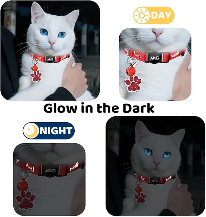 Personalized Breakaway Cat Collars Glow-in-The-Dark with ID Tag, Bell - Safety Quick - Release, Customizable for Female Male Kittens & Cats (Red)-Mewly Pet