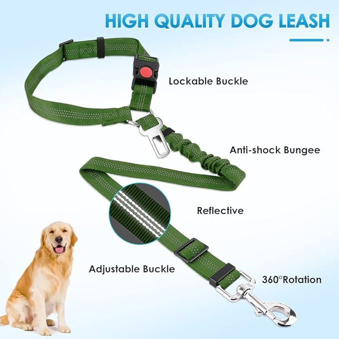 SlowTon Dog Seat Belt for Car, 2 Pack Dog Car Harness Seatbelt Adjustable with Elastic Bungee Buffer, 2 in 1 Pet Car Leash Headrest Restraint Dog Reflective Safety Tether (Green, Headrest+Clip)-Mewly Pet