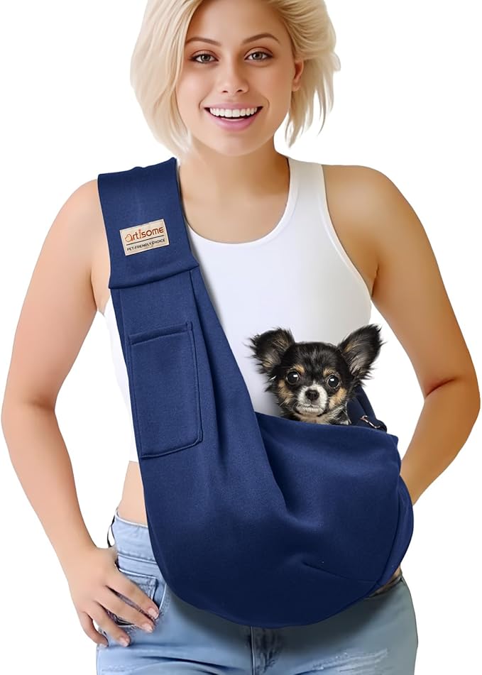Pet Dog Sling Carrier for 3-10 lbs pet,Dog Purse Pouch,Dog Satchel,Reversible unadjustable Strap Travel Hand-Free Safe Bag Small Puppy Backpack (Dark Blue)-Mewly Pet