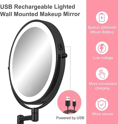 Rechargeable Wall Mounted Lighted Makeup Mirror, 8" Double-Sided Magnifying Vanity Mirror 1X/10X, 3 Color Touch Screen Dimmable Shaving Mirror, 360° Rotation Foldable Bathroom Mirror, Black