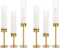 Glass Hurricane Candle Holders Set (6pcs)-Gold Metal Base Taper Candle Stick Holders for Candlesticks Holder Decor, Elegant Dining Table Centerpiece for Wedding, Christmas & Home Decor-Ribbed Glass