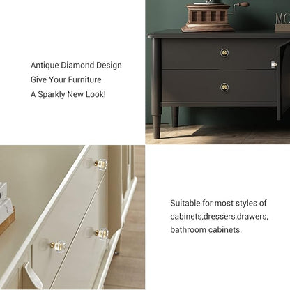 12-Pack 1-1/4-Inch White Cabinet Glass Crystal Brass knobs Brass Drawer Round Knobs Dresser Pulls, Gold Hardware Kitchen Closet knobs for Bifold Doors