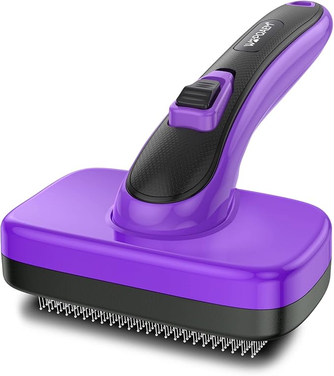 Dogs Cats Self Cleaning Slicker Brush for Shedding & Grooming Any Breed of Pets, Removes Loose, Undercoat, Mats, Tangled Hair for Small Medium Large Animal With Long Short Fur Length, Purple-Mewly Pet