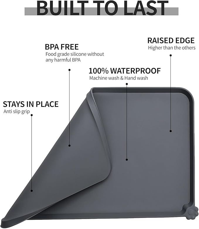 Waterproof Pet Feeding Mat with High Raised Edges, Heavier and Thicker Placemats for Cat Dog Water Bowl with BPA Free, Dogs Cats Food Mats for Messy Drinkers to Prevent Spill and Protect Floors-Mewly Pet