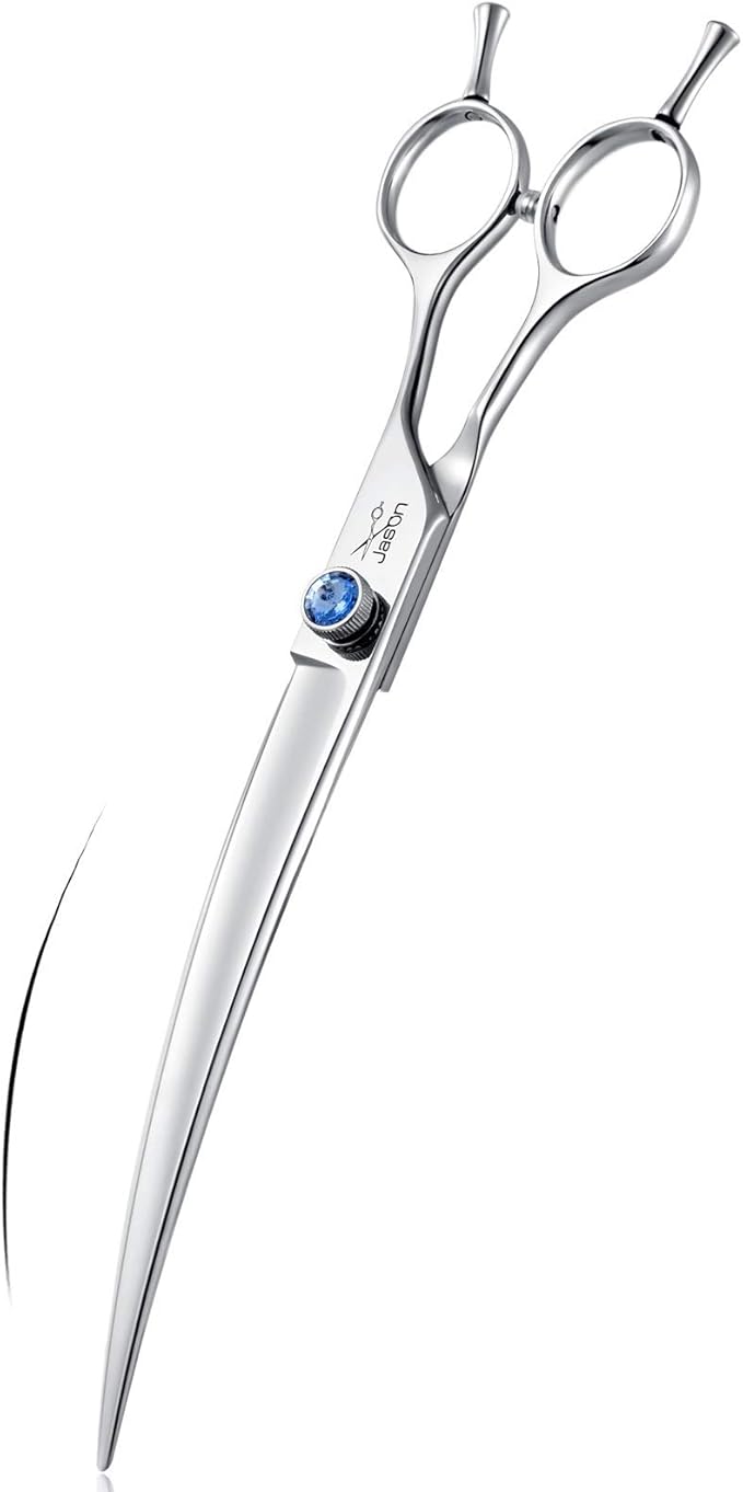 JASON 8" Curved Dog Grooming Scissors Ergonomic Pets Cats Trimming Shears with Offset Handle and a Jewelled Screw for Right Handed Groomers Long Sharp Comfortable-Mewly Pet