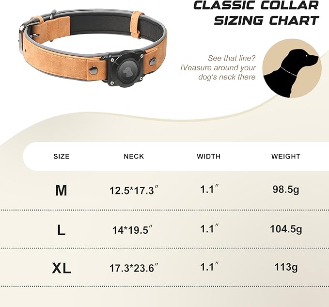 AirTag Dog Collar - Leather Dog Collar with Air Tag Holder | IPX8 Waterproof, Reflective, High - End, Adjustable Soft Padded | Dog GPS Tracker Collars Fit for Medium Large Dogs (Light Brown, M)-Mewly Pet