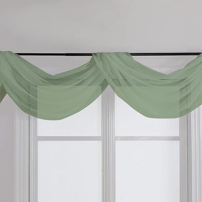 Chyhomenyc Sage Green Sheer Scarf Valances for Windows 216 Inch Extra Long, Window Scarf Drapes Rod Pocket Backdrop for Wedding Arch Draping/Party/Canopy Bed/Living Room, 2PC, 18 Feet Length