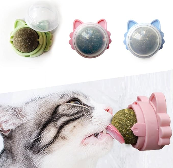 Oncpcare 3 Pack Rotatable Edible Catnip Balls for Cats Wall Cat Mints Ball Toys for Indoor Cats Cat Removal Hairball Toys Catnip Balls Treats for Kitten Kitty Playing Chewing-Mewly Pet