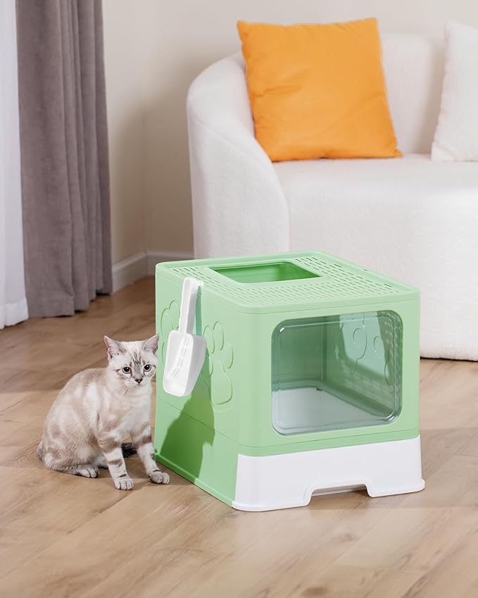 Enclosed Cat Litter Box, Large Litter Box for Big Cats, Covered Kitty Litter Boxes with Lid, Top Entry Cat Box Enclosure with Scoop, Odor Control, Easy to Clean(Green)-Mewly Pet