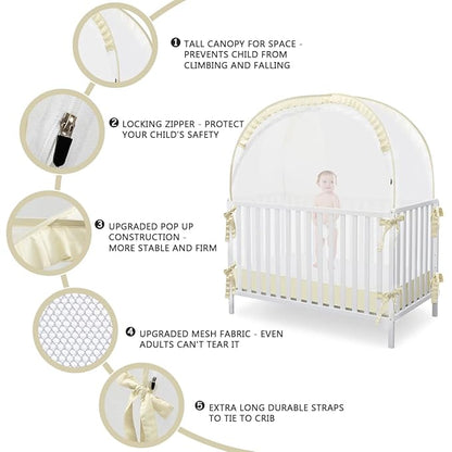 Baby Safety Crib Tent, Pop Up Canopy for Crib to Stop Baby from Climbing Out, Infant Mesh Cover Mosquito Net with Sturdy Frame & Soft Mesh, Beige, (R07-beige)